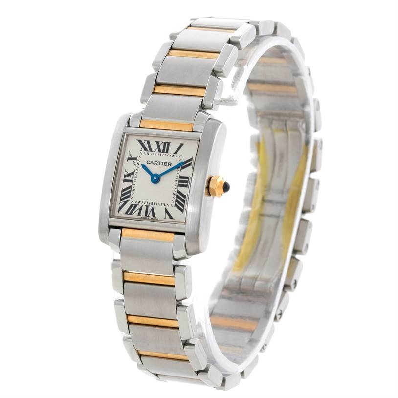This image shows a Cartier Tank Francaise W51007Q4 Women's Steel and Gold (two tone) Silver Dial W51007Q4 Women's Steel and Gold (two tone) Silver Dial watch at a slight side angle, highlighting the face, bezel, and two-tone metal bracelet.