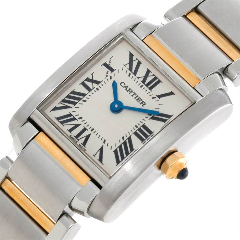 The image shows a close-up view of the face and partial bracelet of the Cartier Tank Francaise W51007Q4 Women's Steel and Gold (two tone) Silver Dial W51007Q4 Women's Steel and Gold (two tone) Silver Dial watch.