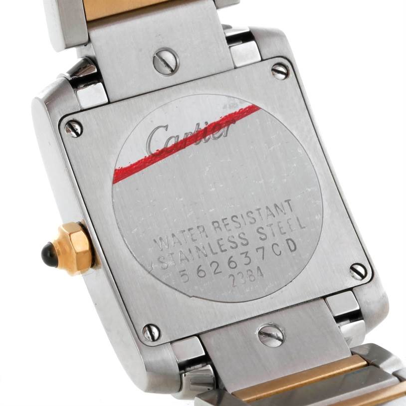 The image shows the back plate and part of the bracelet of a Cartier Tank Francaise W51007Q4 Women's Steel and Gold (two tone) Silver Dial W51007Q4 Women's Steel and Gold (two tone) Silver Dial watch, highlighting the model details and water resistance.