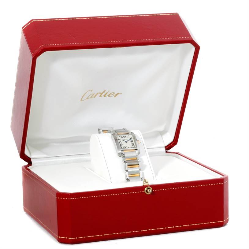 The Cartier Tank Francaise W51007Q4 Women's Steel and Gold (two tone) Silver Dial W51007Q4 Women's Steel and Gold (two tone) Silver Dial watch is shown from the front, positioned on a cushion inside a red Cartier box.