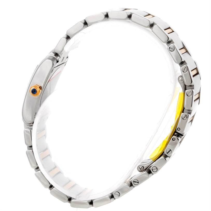 This image shows a side profile of the Tank Francaise watch by Cartier, highlighting its bracelet and crown.