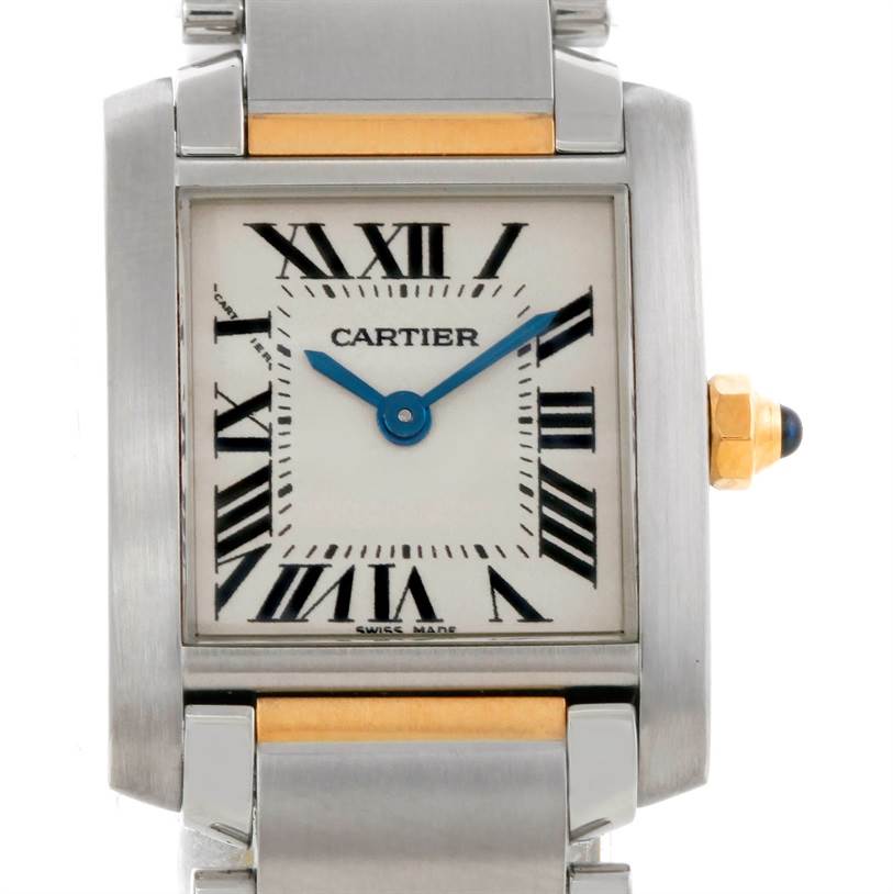 This image shows a front view of the Cartier Tank Francaise W51007Q4 Women's Steel and Gold (two tone) Silver Dial W51007Q4 Women's Steel and Gold (two tone) Silver Dial model, highlighting the rectangular face, Roman numerals, and metal bracelet.