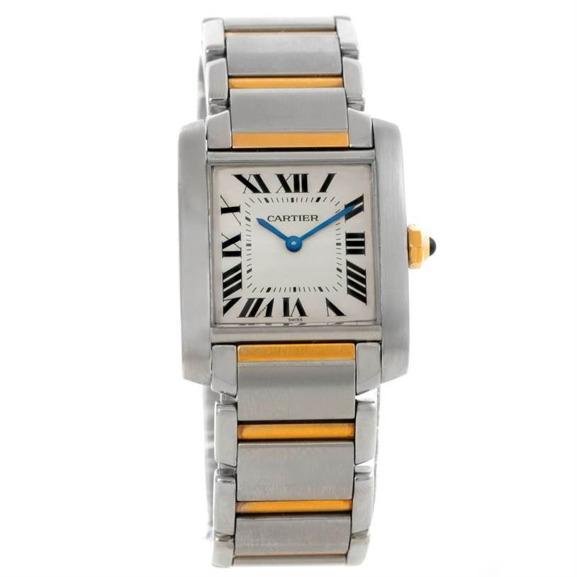 The image shows a front view of a Cartier Tank Francaise W51006Q4 Women's Steel and Gold (two tone) Silver Dial W51006Q4 Women's Steel and Gold (two tone) Silver Dial watch, highlighting the face, bracelet, and crown.