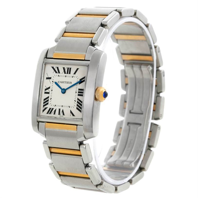 The Cartier Tank Francaise W51006Q4 Women's Steel and Gold (two tone) Silver Dial W51006Q4 Women's Steel and Gold (two tone) Silver Dial watch is shown from an oblique angle, highlighting its face, bezel, and metal band with gold accents.