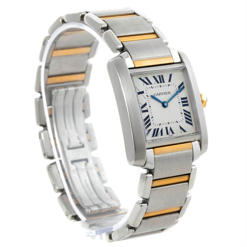 The image shows a side angle of the Cartier Tank Française model watch, highlighting its stainless steel and gold bracelet and rectangular face.