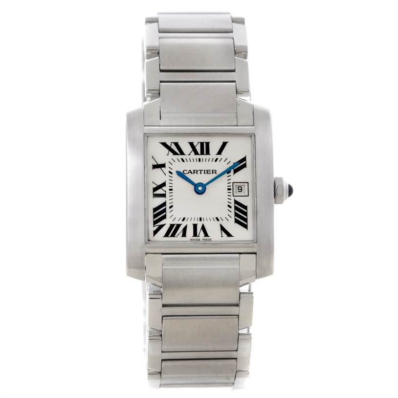 The image shows a Cartier Tank Francaise W51011Q3 Women's Stainless Steel Silver Dial W51011Q3 Women's Stainless Steel Silver Dial watch viewed from the front, highlighting its face and metal bracelet.