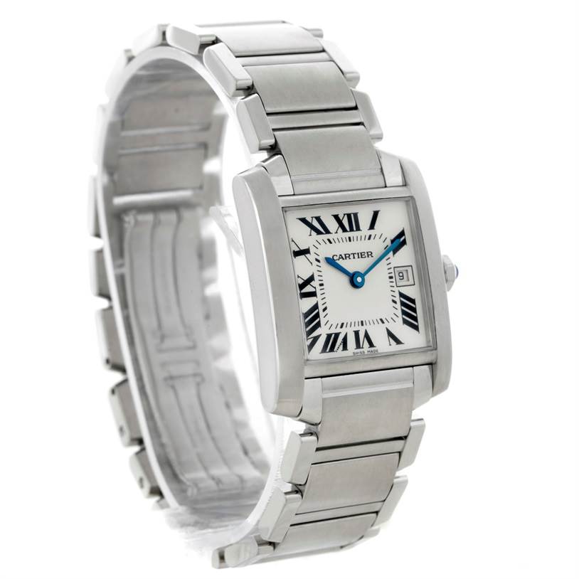 The image shows a side angle view of a Cartier Tank Francaise W51011Q3 Women's Stainless Steel Silver Dial W51011Q3 Women's Stainless Steel Silver Dial watch, highlighting the bracelet and the rectangular watch face with Roman numerals.