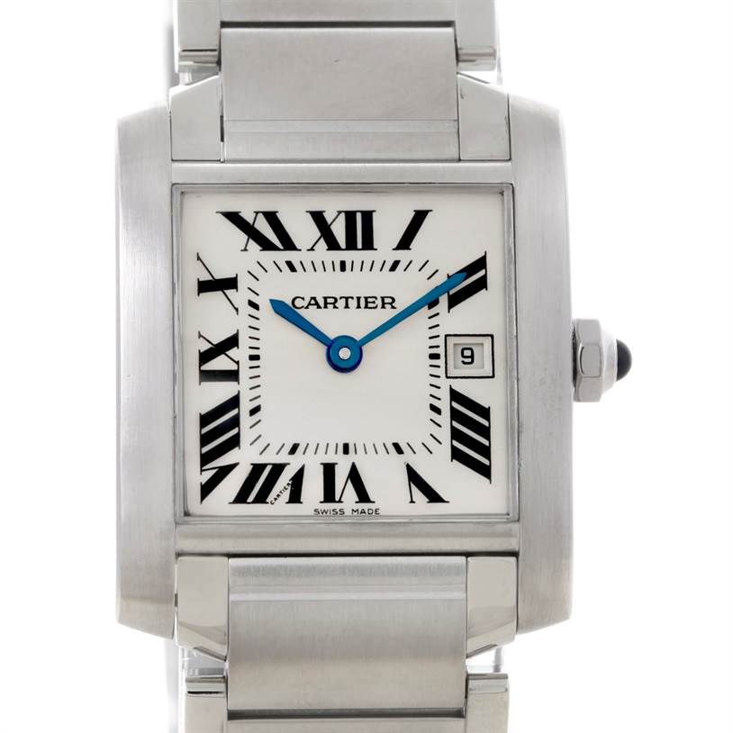 This image shows the front view of the Cartier Tank Francaise W51011Q3 Women's Stainless Steel Silver Dial W51011Q3 Women's Stainless Steel Silver Dial watch, including its dial, hands, bracelet, and date window.