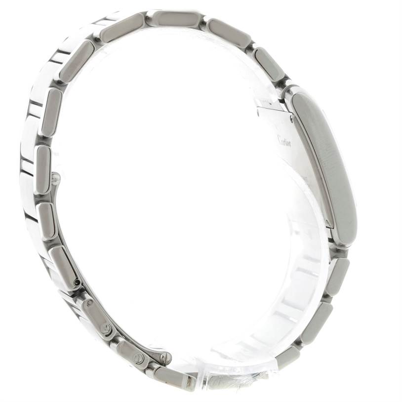 This is a side view of the Cartier Tank Française watch, showing the bracelet and case.