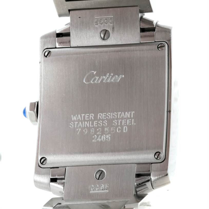 This image shows the back case and bracelet of the Cartier Tank Française watch.