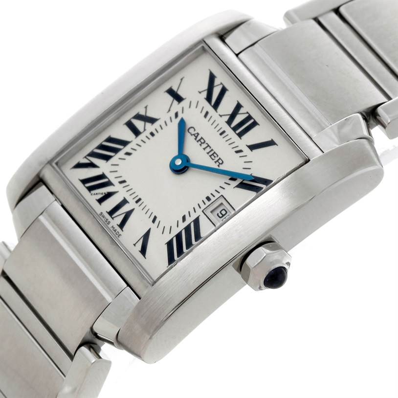 The Cartier Tank Francaise W51011Q3 Women's Stainless Steel Silver Dial W51011Q3 Women's Stainless Steel Silver Dial watch is shown at an angle highlighting its face, crown, and part of its stainless steel bracelet.