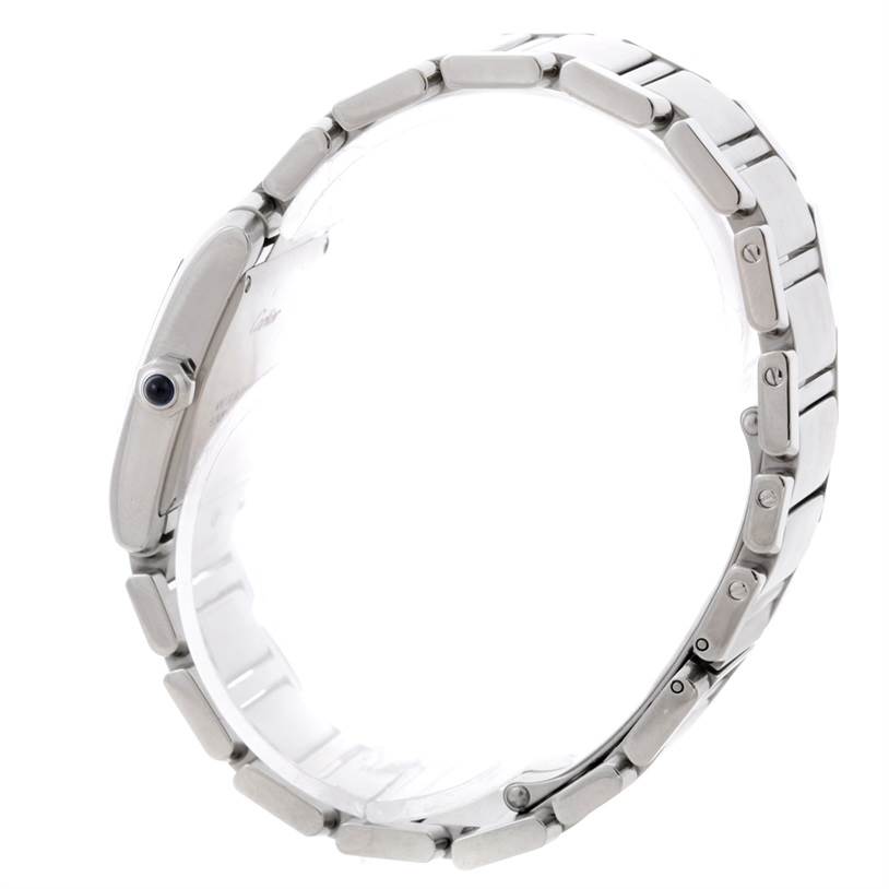 This image shows a side view of the Cartier Tank Francaise W51011Q3 Women's Stainless Steel Silver Dial W51011Q3 Women's Stainless Steel Silver Dial watch, highlighting its metal bracelet and crown.