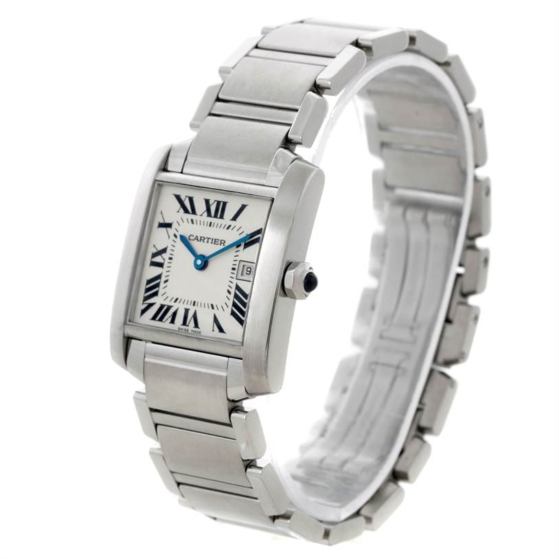 The Cartier Tank Francaise W51011Q3 Women's Stainless Steel Silver Dial W51011Q3 Women's Stainless Steel Silver Dial watch is shown at a slight angle, highlighting the face, bezel, and part of the bracelet.