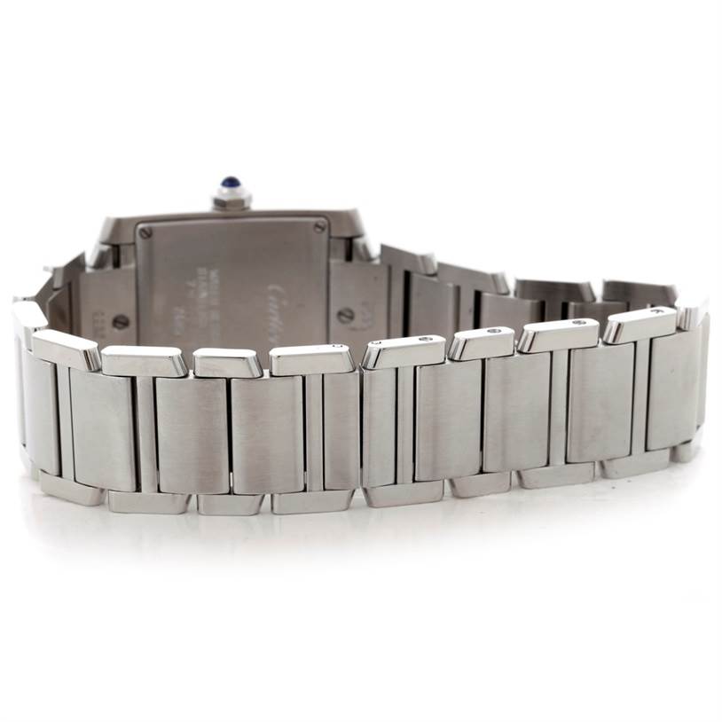 This image shows the back view of a Cartier Tank Francaise W51011Q3 Women's Stainless Steel Silver Dial W51011Q3 Women's Stainless Steel Silver Dial watch, highlighting its stainless steel bracelet and case back.