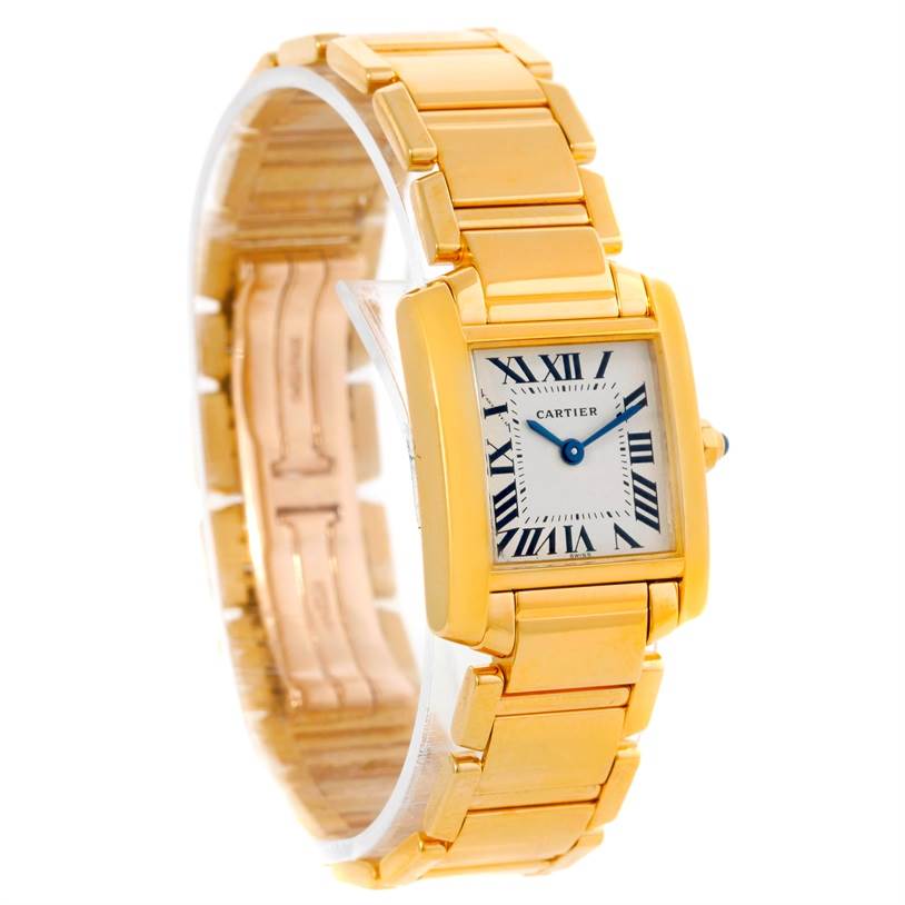 The image shows a Cartier Tank Francaise W50002N2 Women's Yellow Gold Silver Dial W50002N2 Women's Yellow Gold Silver Dial watch angled to display its rectangular dial and gold bracelet.