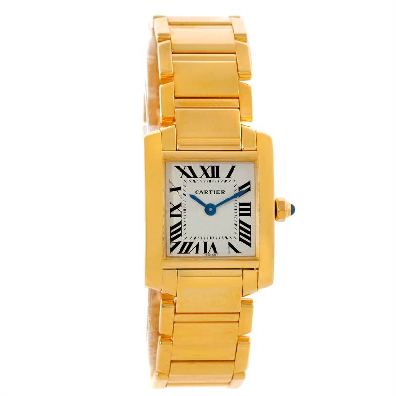 This Cartier Tank Française watch is shown from a front angle, displaying its rectangular face, Roman numerals, and gold bracelet.