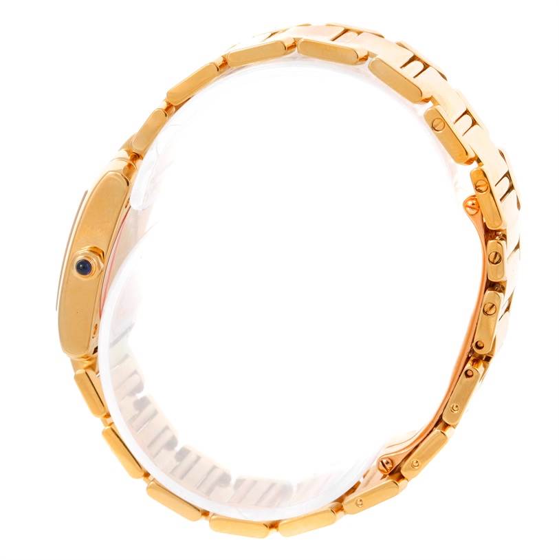 The image shows a side view of the Cartier Tank Francaise W50002N2 Women's Yellow Gold Silver Dial W50002N2 Women's Yellow Gold Silver Dial watch, highlighting its bracelet and crown.