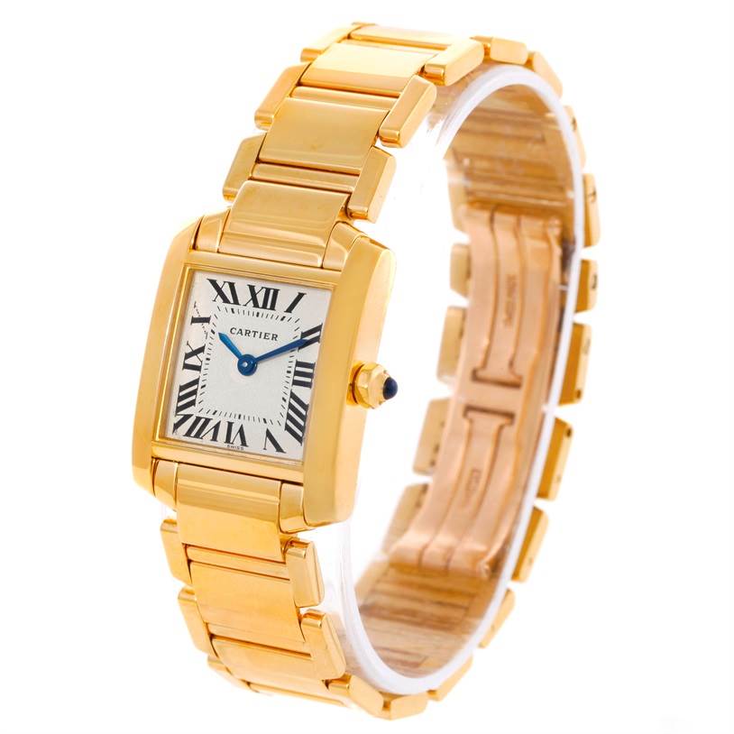 The image showcases a Cartier Tank Française watch, highlighting its gold bracelet, rectangular face, and Roman numeral dial from a tilted angle.