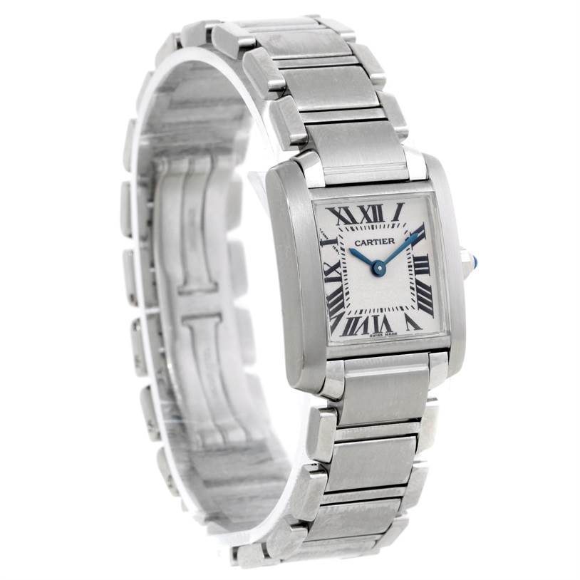 The image shows a Cartier Tank Française model watch at an angled view, highlighting its stainless steel bracelet and rectangular face with Roman numerals.