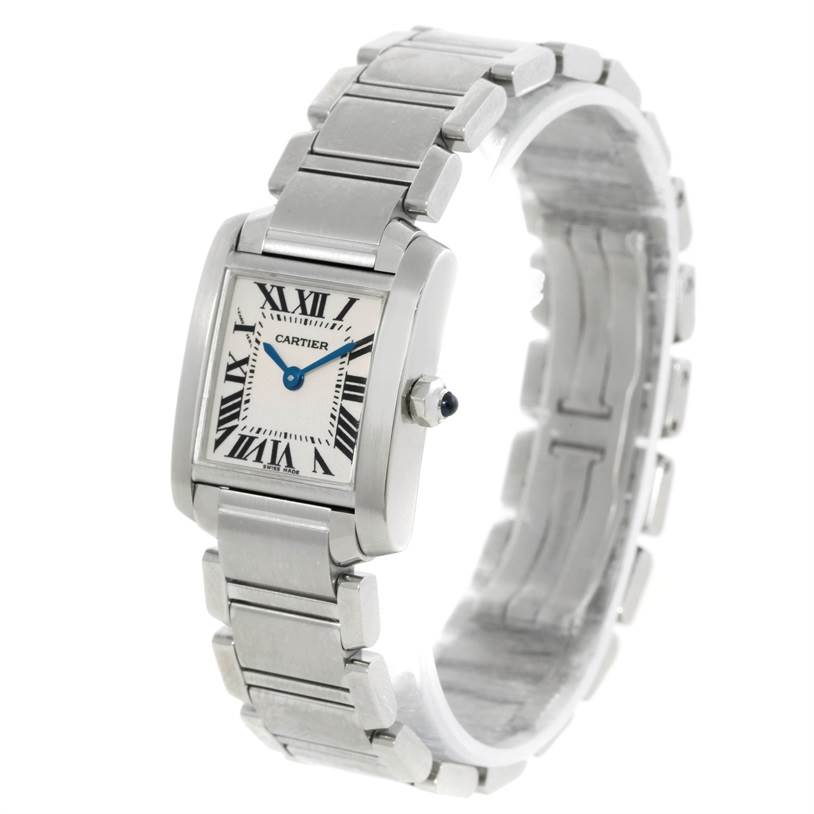 The Cartier Tank Française watch is shown from an angled frontal perspective, highlighting its rectangular dial, bezel, and metallic bracelet.
