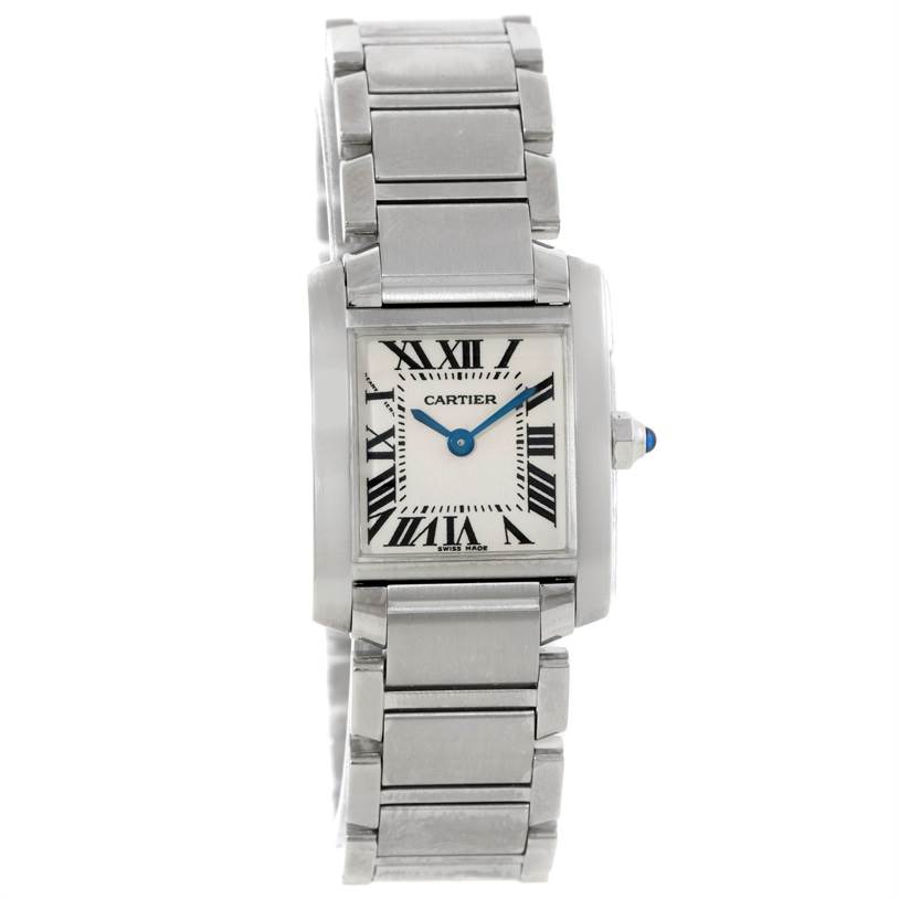 The Cartier Tank Francaise W51008Q3 Women's Stainless Steel Silver Dial W51008Q3 Women's Stainless Steel Silver Dial watch is shown from a frontal angle, highlighting its dial, bracelet, and case.