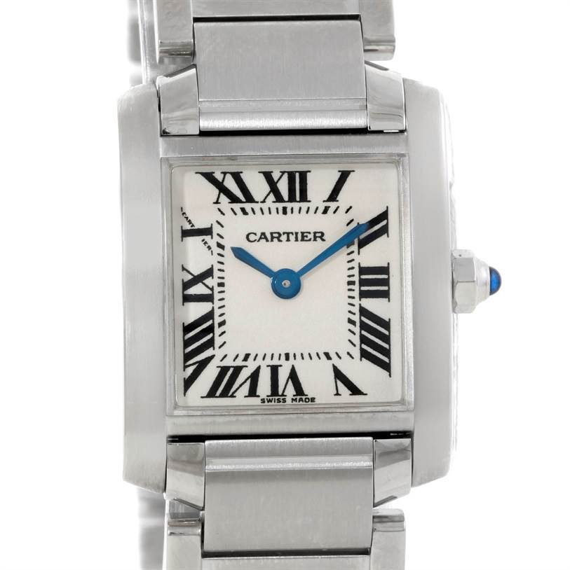 The image shows a front view of the Tank Française watch by Cartier, highlighting the dial, bracelet, and crown.