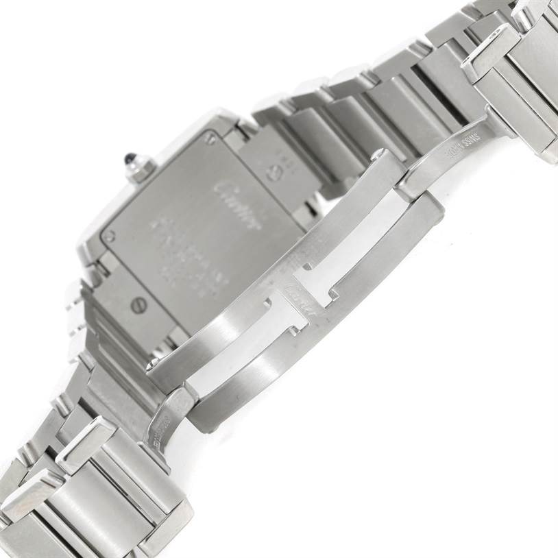 The image shows the back case and bracelet clasp of a Cartier Tank Francaise W51008Q3 Women's Stainless Steel Silver Dial W51008Q3 Women's Stainless Steel Silver Dial watch at a slight angle.