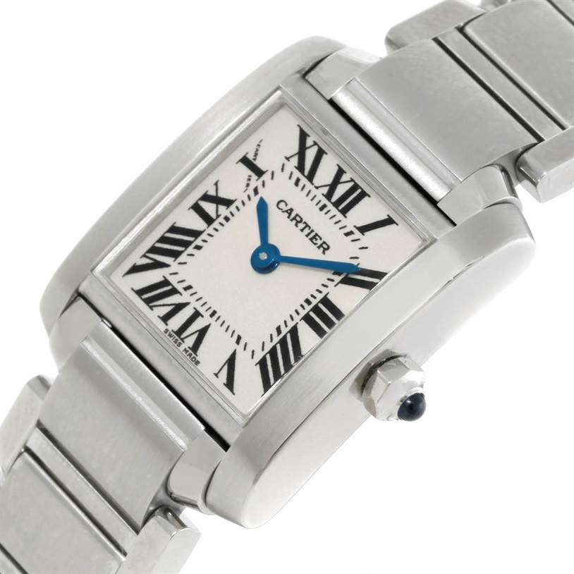 This image shows a Cartier Tank Française watch from an angled view highlighting its face, crown, and bracelet.
