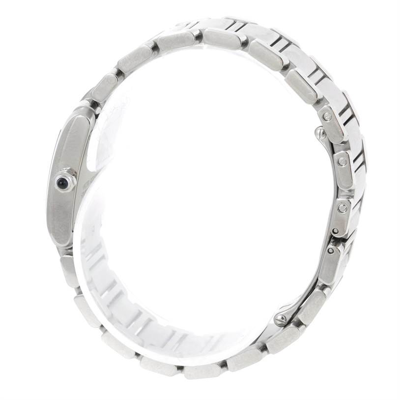 This side view of the Cartier Tank Francaise W51008Q3 Women's Stainless Steel Silver Dial W51008Q3 Women's Stainless Steel Silver Dial watch showcases the bracelet and case.