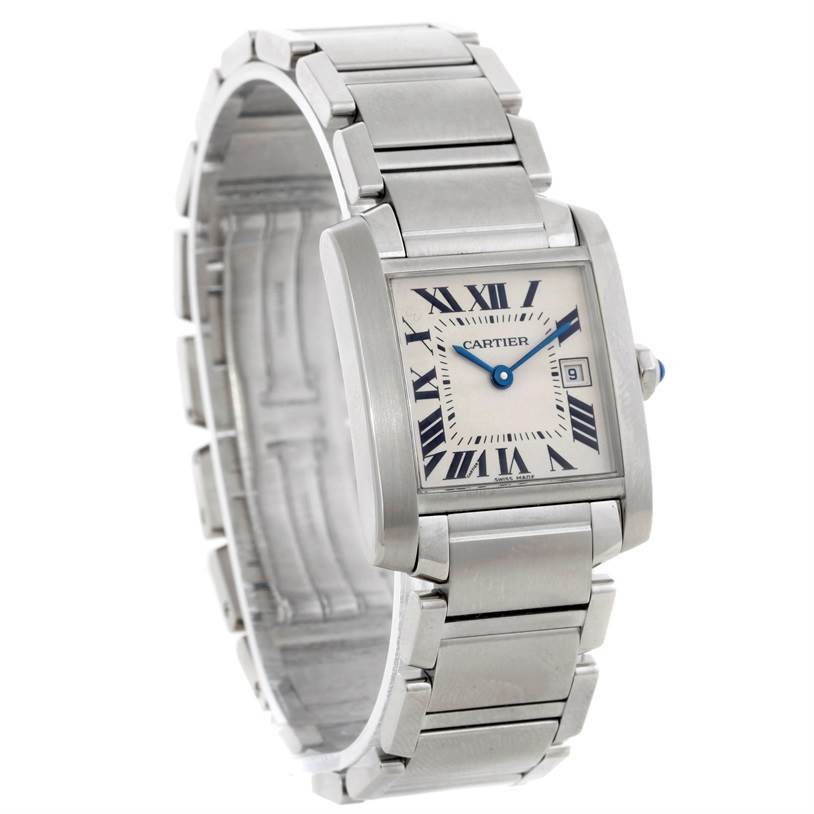 The image shows a Cartier Tank Francaise W51011Q3 Women's Stainless Steel Silver Dial W51011Q3 Women's Stainless Steel Silver Dial watch at a three-quarter angle, highlighting the rectangular face, Roman numeral markers, and metal bracelet.