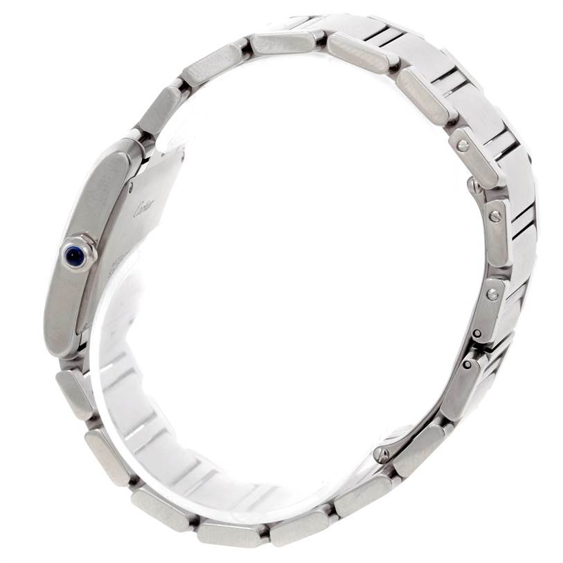 The image shows a side view of a Cartier Tank Francaise W51011Q3 Women's Stainless Steel Silver Dial W51011Q3 Women's Stainless Steel Silver Dial watch and its metal bracelet.