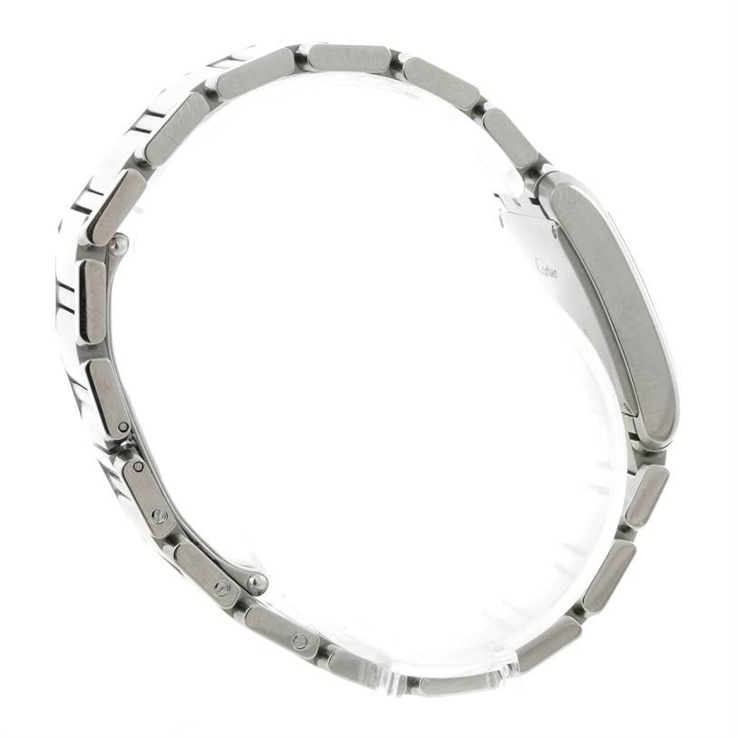 The image shows the side view of a Cartier Tank Francaise W51011Q3 Women's Stainless Steel Silver Dial W51011Q3 Women's Stainless Steel Silver Dial watch band and case, focusing on the bracelet links and profile.