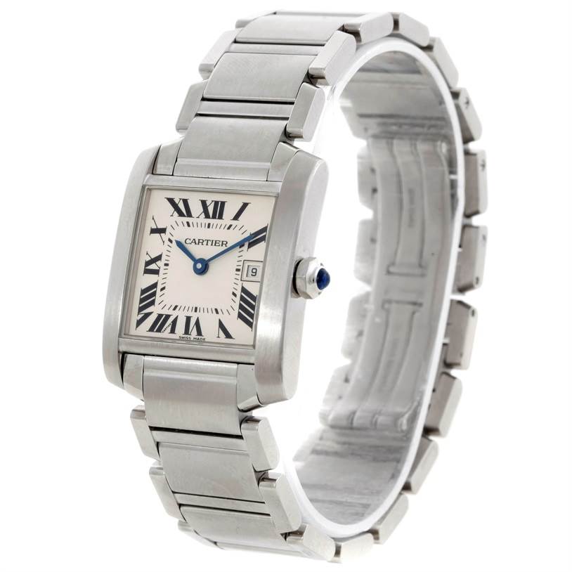 The Cartier Tank Française model watch is shown from a front-side angle, highlighting its rectangular face and metal bracelet.