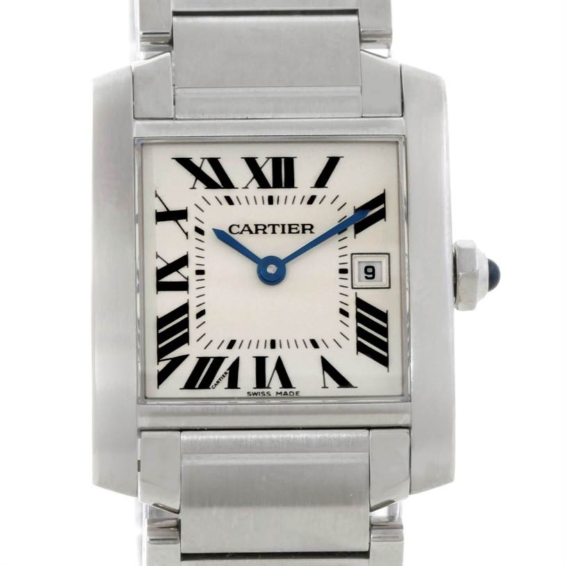 This image shows a frontal view of a Cartier Tank Française model watch with its face, dial, and part of its bracelet.