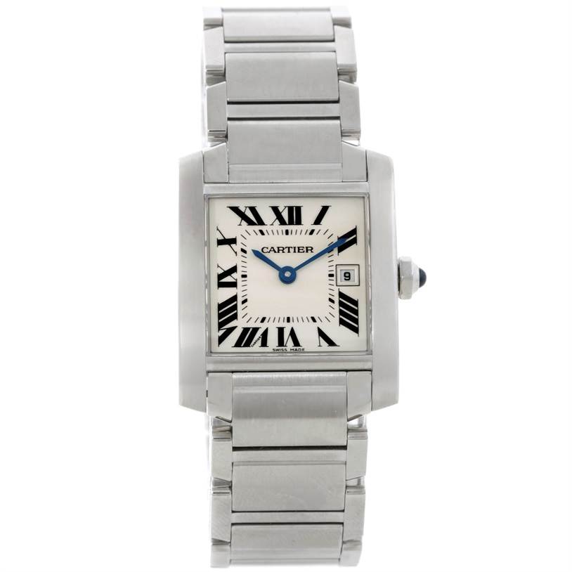 The image shows a front view of a Cartier Tank Francaise W51011Q3 Women's Stainless Steel Silver Dial W51011Q3 Women's Stainless Steel Silver Dial watch, displaying its face, bracelet, and crown.