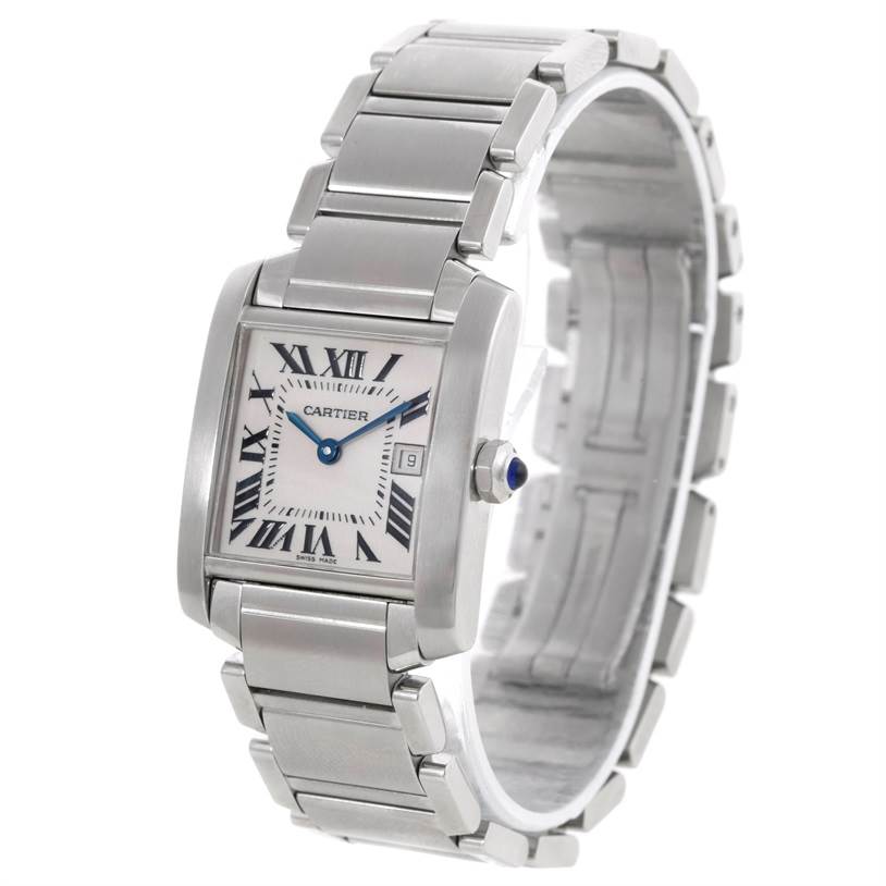 This image features the Cartier Tank Française watch from an angled side view, focusing on the face and metal bracelet.