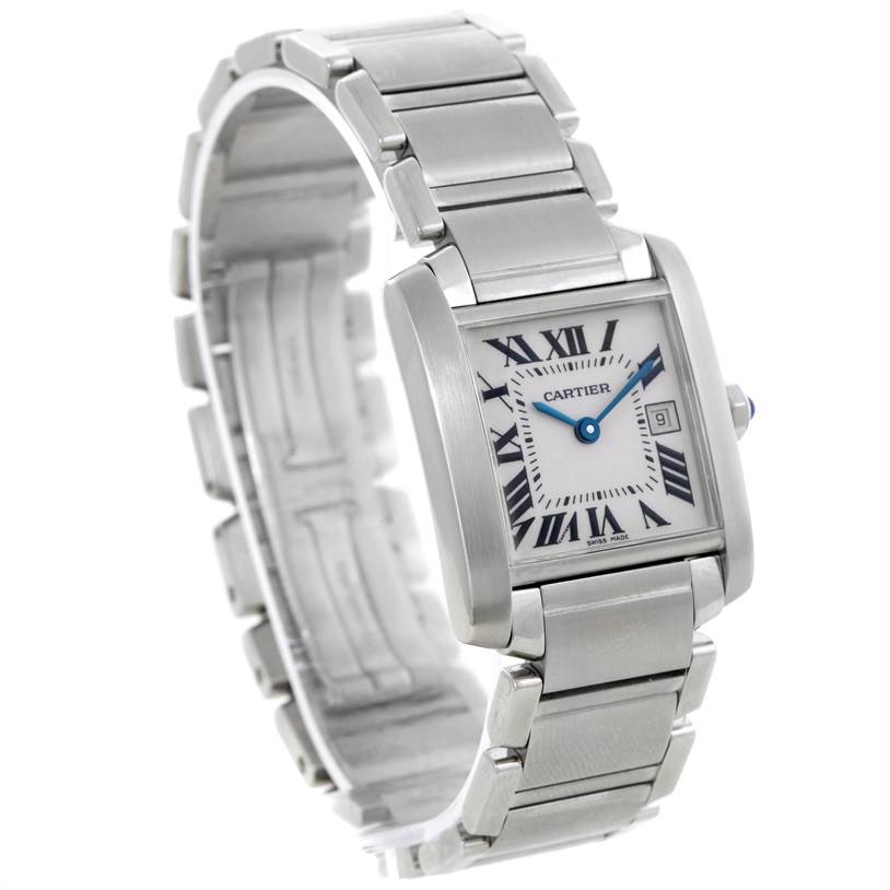 The image shows a Cartier Tank Francaise W51011Q3 Women's Stainless Steel Silver Dial W51011Q3 Women's Stainless Steel Silver Dial watch at a three-quarter angle, highlighting its square dial, metal bracelet, and Roman numerals.