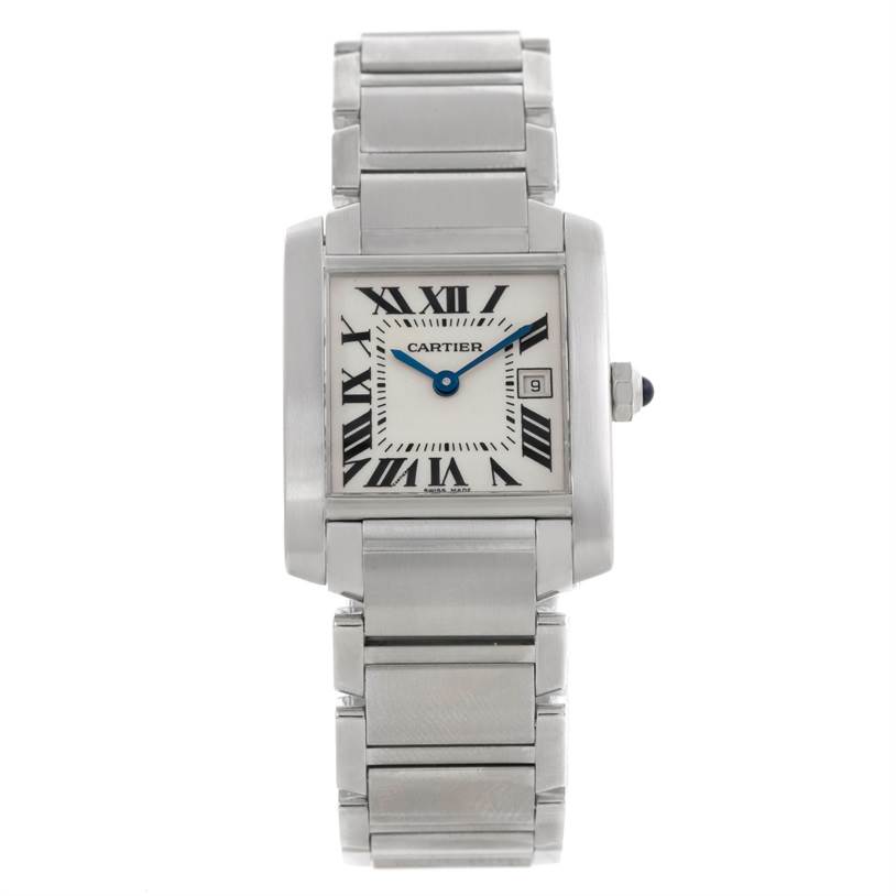 The image shows a front view of a Cartier Tank Française watch, highlighting its face, band, and crown.
