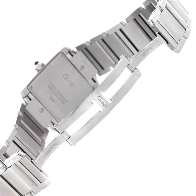The image shows the clasp and bracelet of a Cartier Tank Francaise W51011Q3 Women's Stainless Steel Silver Dial W51011Q3 Women's Stainless Steel Silver Dial watch, viewed from the back.