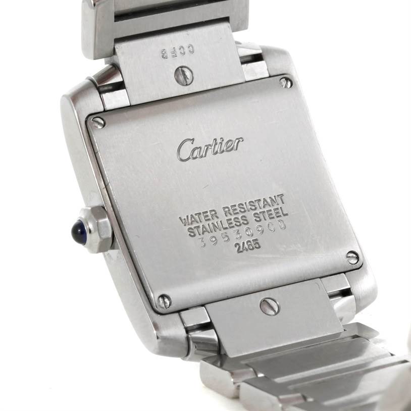 The image shows the backside and clasp of a Cartier Tank Francaise W51011Q3 Women's Stainless Steel Silver Dial W51011Q3 Women's Stainless Steel Silver Dial watch, highlighting its stainless steel case and bracelet.