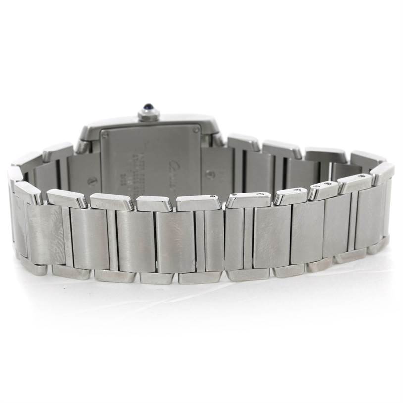 The image shows the back case and bracelet of the Cartier Tank Francaise W51011Q3 Women's Stainless Steel Silver Dial W51011Q3 Women's Stainless Steel Silver Dial watch from a rear angle.