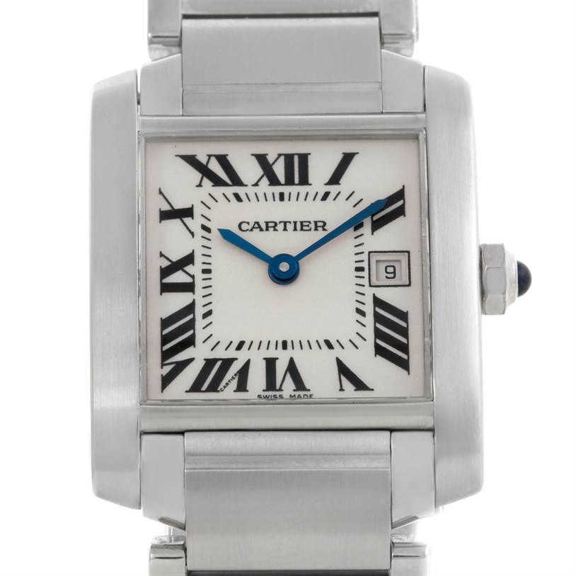 The image shows a frontal view of the Cartier Tank Francaise W51011Q3 Women's Stainless Steel Silver Dial W51011Q3 Women's Stainless Steel Silver Dial watch showcasing the face, bezel, and part of the bracelet.