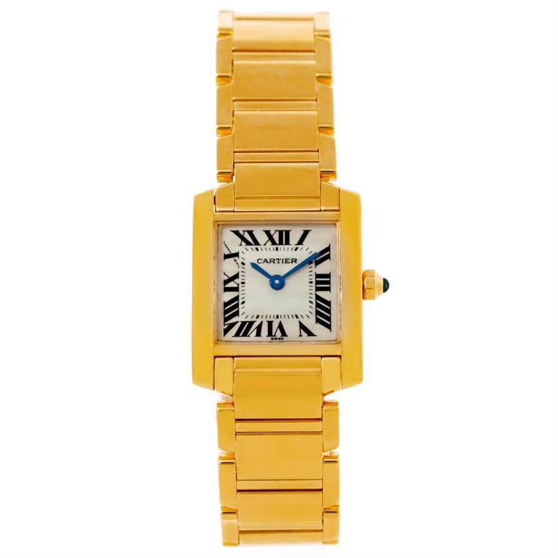 The image shows a front view of a Cartier Tank Francaise W50002N2 Women's Yellow Gold Silver Dial W50002N2 Women's Yellow Gold Silver Dial watch, featuring its bracelet, square face, and Roman numeral dial.
