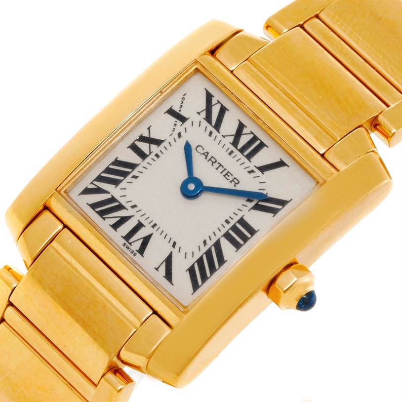The image shows a close-up angle of the Cartier Tank Française model watch, focusing on the face, bezel, and part of the bracelet.