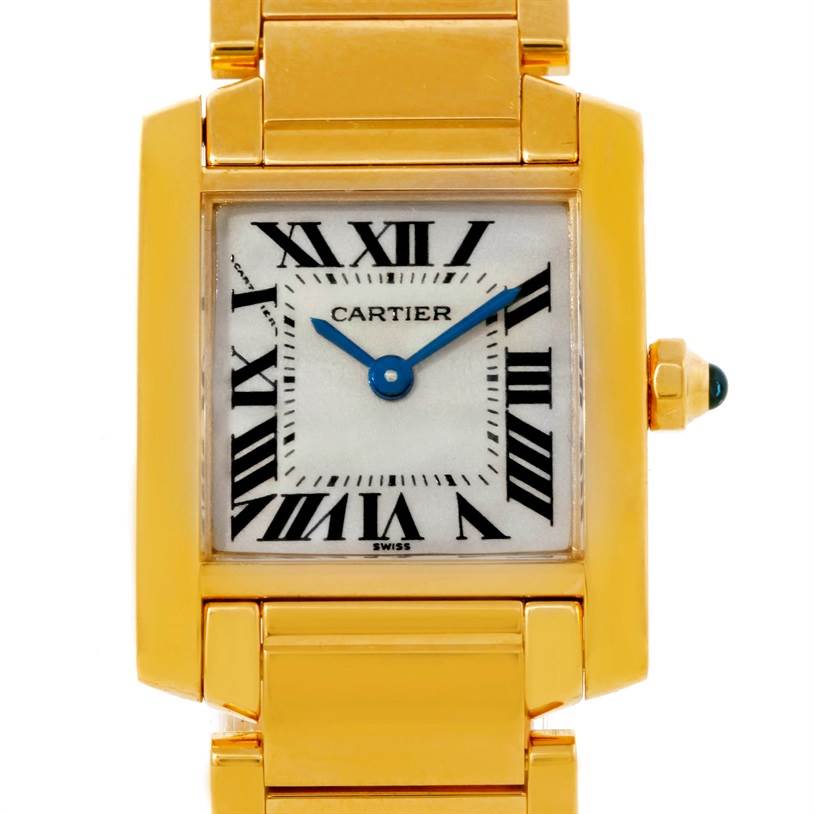 The image shows a frontal view of the Cartier Tank Francaise W50002N2 Women's Yellow Gold Silver Dial W50002N2 Women's Yellow Gold Silver Dial wristwatch, highlighting its face, bezel, and part of the bracelet.
