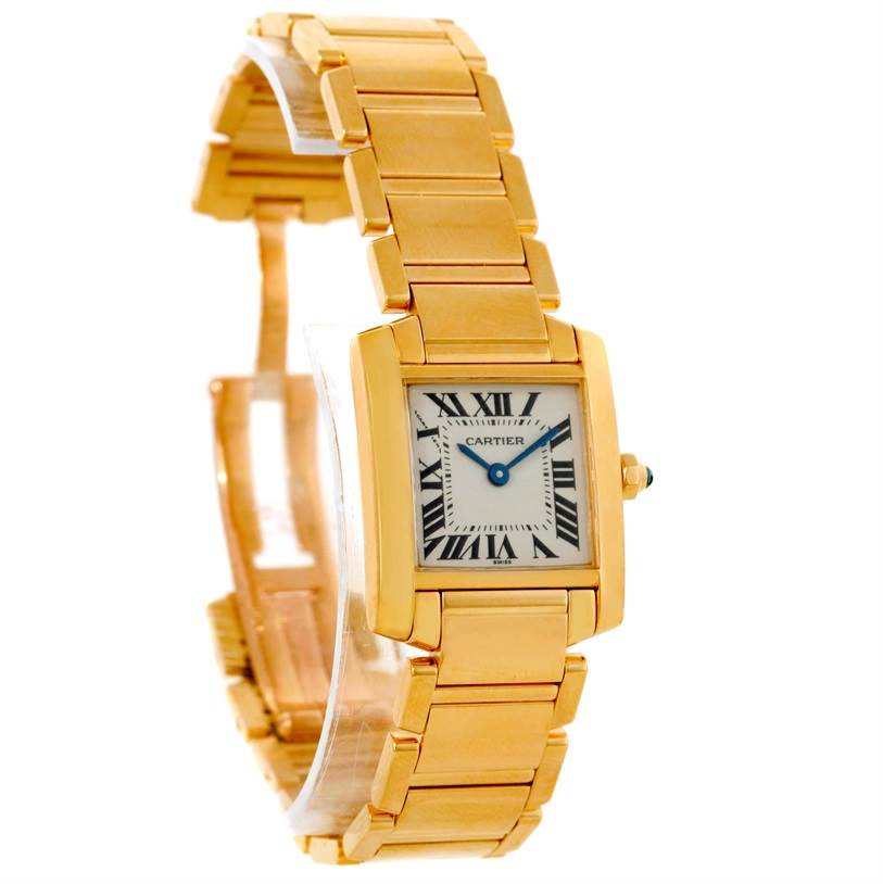 The Cartier Tank Francaise W50002N2 Women's Yellow Gold Silver Dial W50002N2 Women's Yellow Gold Silver Dial watch is shown at a three-quarter angle, displaying its face, bracelet, and side crown.