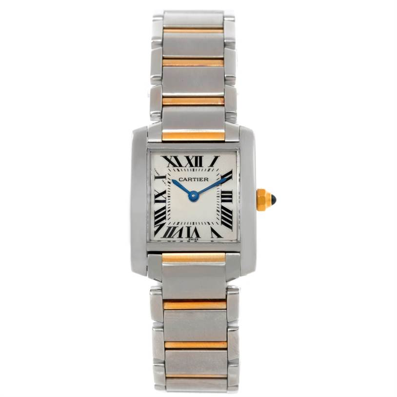 The Cartier Tank Francaise W51007Q4 Women's Steel and Gold (two tone) Silver Dial W51007Q4 Women's Steel and Gold (two tone) Silver Dial watch is shown from a front angle, highlighting its rectangular case, roman numeral dial, and two-tone bracelet.