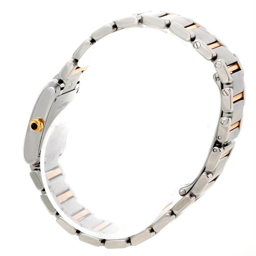 This image shows a side view of the bracelet and case of a Cartier Tank Francaise W51007Q4 Women's Steel and Gold (two tone) Silver Dial W51007Q4 Women's Steel and Gold (two tone) Silver Dial watch, featuring a silver and gold tone.