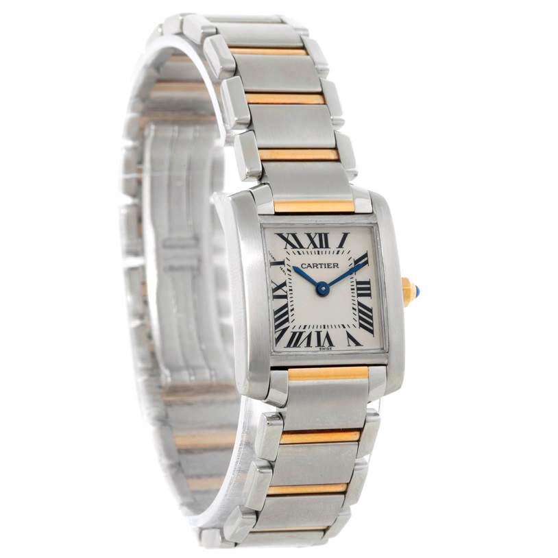 The image shows a Cartier Tank Française watch from a three-quarter angle, displaying its face, bracelet, and crown.