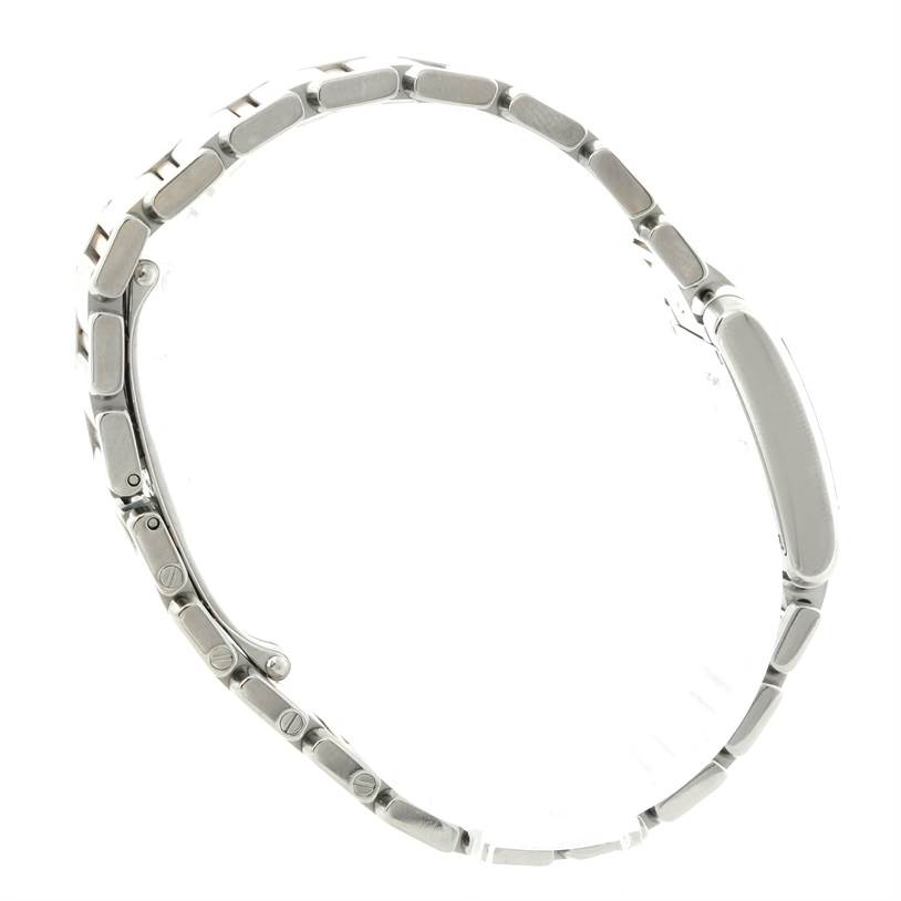 The image shows the side profile and bracelet of a Cartier Tank Francaise W51007Q4 Women's Steel and Gold (two tone) Silver Dial W51007Q4 Women's Steel and Gold (two tone) Silver Dial watch, highlighting its links and clasp.